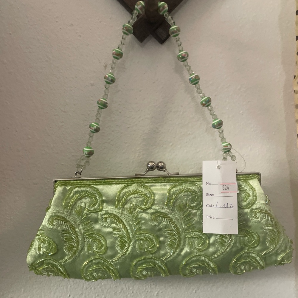 Green Embroidered Satin Evening Clutch